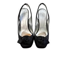 Martinez Valero Black Satin Slingback Rosebud High Heel Sz 9